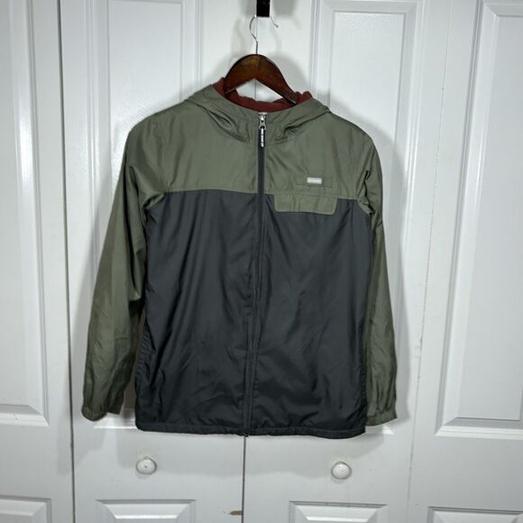 Columbia Youth L 14 15 Jacket Hooded Fleece Lined Green Gray Full Zip Outdoor - Picture 1 of 7
